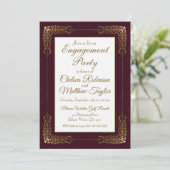 Invitation Elégante Burgundy Gold Lace Frame Engagement Party (Debout devant)