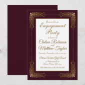 Invitation Elégante Burgundy Gold Lace Frame Engagement Party (Devant / Derrière)