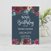 Invitation Elégante Burgundy Navy Floral 50e Anniversaire (Debout devant)