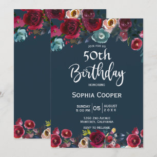 Invitation Elégante Burgundy Navy Floral 50e Anniversaire