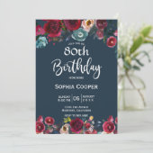 Invitation Elégante Burgundy Navy Floral 80e Anniversaire (Debout devant)