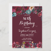 Invitation Elégante Burgundy Navy Floral 80e Anniversaire (Devant)