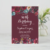Invitation Elégante Burgundy Navy Floral 80e Anniversaire (Debout devant)