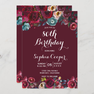 Invitation Elégante Burgundy Navy Floral 80e Anniversaire