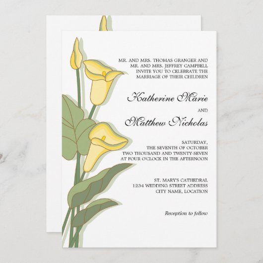 Invitation Elégante Calla Lily en Mariage jaune (Devant / Derrière)