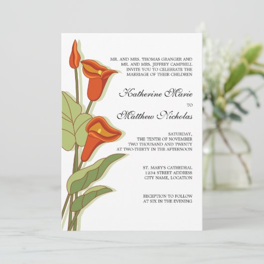 Invitation Elégante Calla Lily en Mariage orange (Debout devant)
