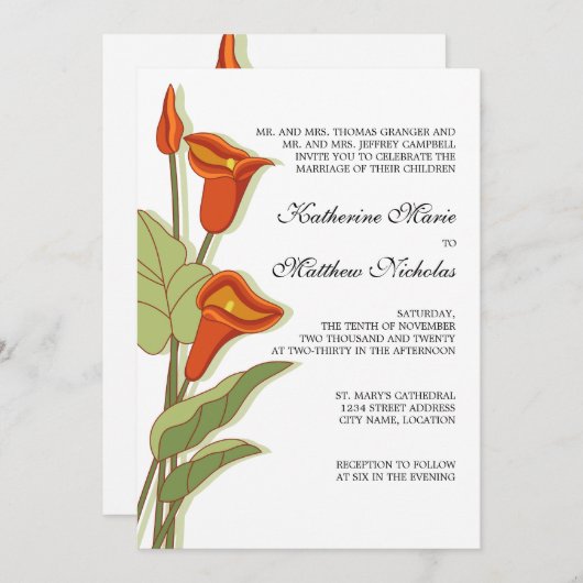 Invitation Elégante Calla Lily en Mariage orange (Devant / Derrière)