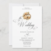 Invitation Élégante calligraphie anneaux or et mariage rose (Devant)