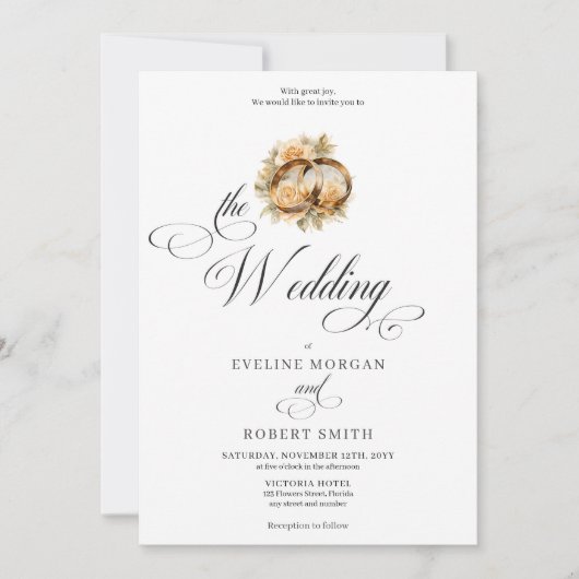 Invitation Élégante calligraphie anneaux or et mariage rose (Devant)