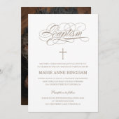 Invitation Élégante calligraphie beige blanc Baptême (Devant / Derrière)