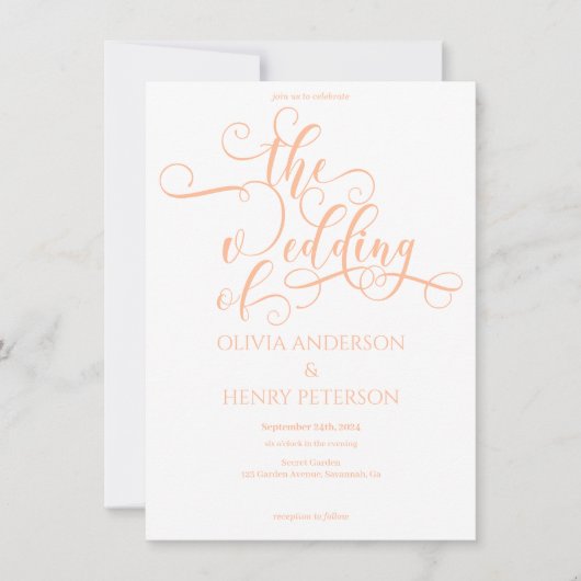 Invitation Élégante calligraphie blanc Pêche Mariage QR Code (Devant)