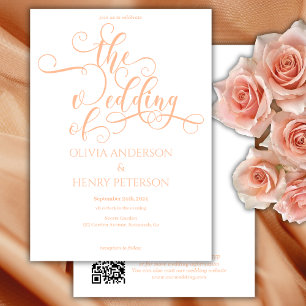 Invitation Élégante calligraphie blanc Pêche Mariage QR Code