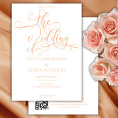 Invitation Élégante calligraphie blanc Pêche Mariage QR Code