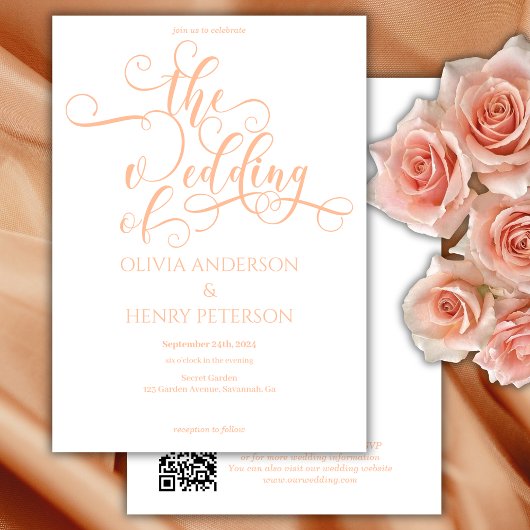 Invitation Élégante calligraphie blanc Pêche Mariage QR Code