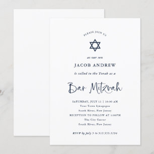 Invitation Élégante calligraphie bleue marine Bar Mitzvah