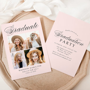 Invitation Élégante Calligraphie Blush 4 Photo Graduation Par