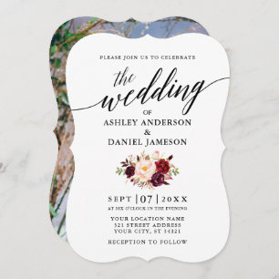 Invitation Élégante calligraphie Bourgogne Floral Mariage pho