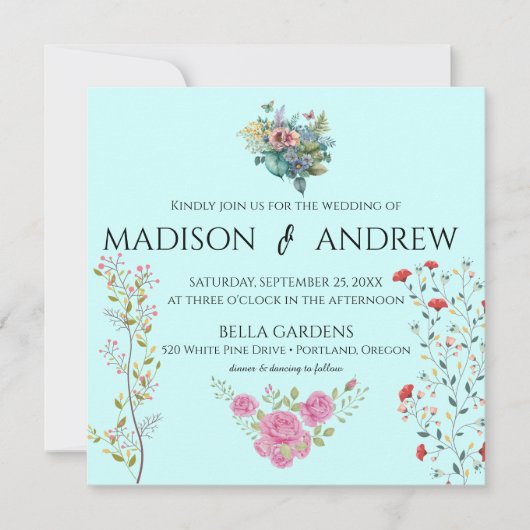 Invitation Élégante calligraphie Chic Aquarelle Bleu Floral (Devant)