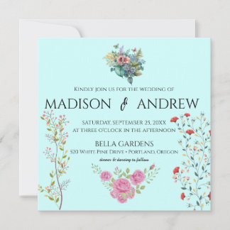 Invitation Élégante calligraphie Chic Aquarelle Bleu Floral
