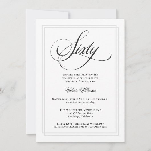 Invitation Élégante calligraphie Classique 60e fête d'anniver (Devant)