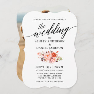 Invitation Élégante calligraphie Coral Floral Photo Mariage