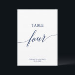 Invitation Élégante calligraphie de la marine Tableau Quatre<br><div class="desc">Cette élégante calligraphie marine tableau quatre numéro de table est parfait pour un mariage simple. Le design neutre présente une carte minimaliste décorée de typographie romantique et fantaisiste. La carte s'imprime à l'avant et à l'arrière (double face). Les autres numéros de tableau de la collection sont vendus séparément.</div>