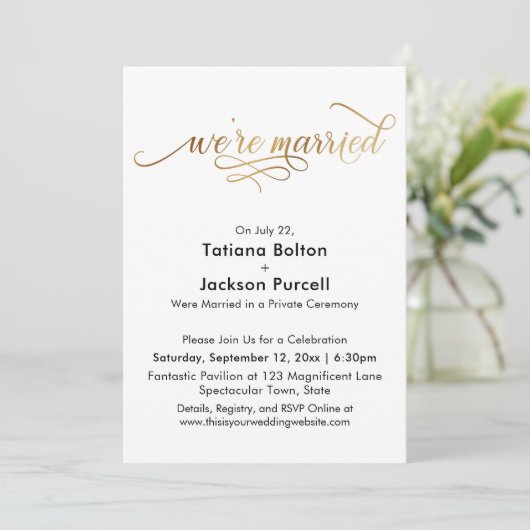 Invitation Élégante Calligraphie Dorée Réception de Mariage (Debout devant)