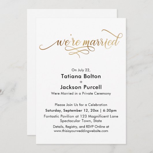 Invitation Élégante Calligraphie Dorée Réception de Mariage (Devant / Derrière)