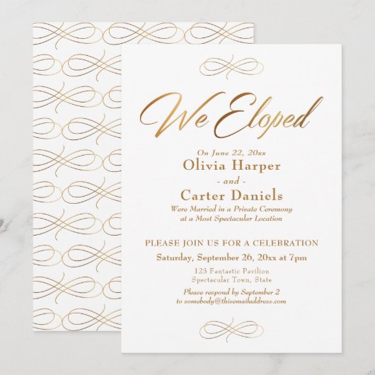 Invitation Élégante Calligraphie Dorée Réception Mariage Inti (Devant / Derrière)