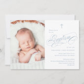 Invitation Élégante calligraphie Dusty Blue Boys Photo Baptêm (Devant)