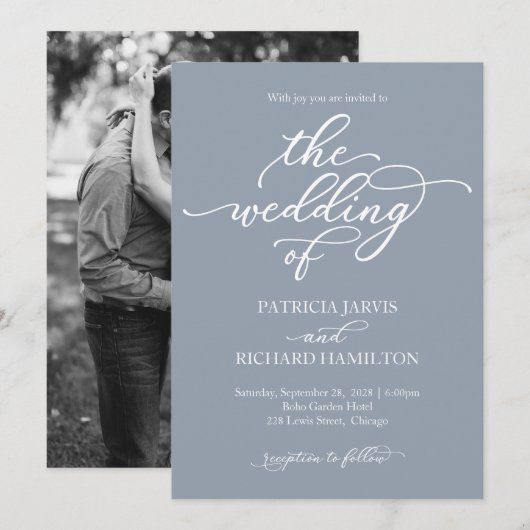 Invitation Élégante calligraphie Dusty Blue Mariage (Devant / Derrière)