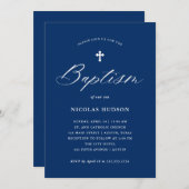 Invitation Élégante calligraphie et croix | Baptême bleu mari (Devant / Derrière)