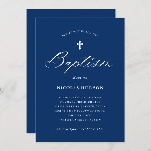 Invitation Élégante calligraphie et croix | Baptême bleu mari (Devant / Derrière)