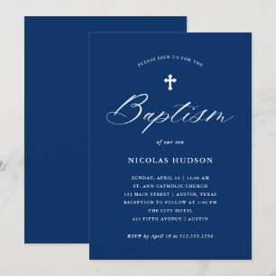Invitation Élégante calligraphie et croix   Baptême bleu mari