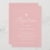 Invitation Élégante calligraphie et croix | Baptême rose (Devant / Derrière)