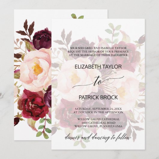 Invitation Élégante calligraphie | Faded Floral Foral Mariage (Devant / Derrière)