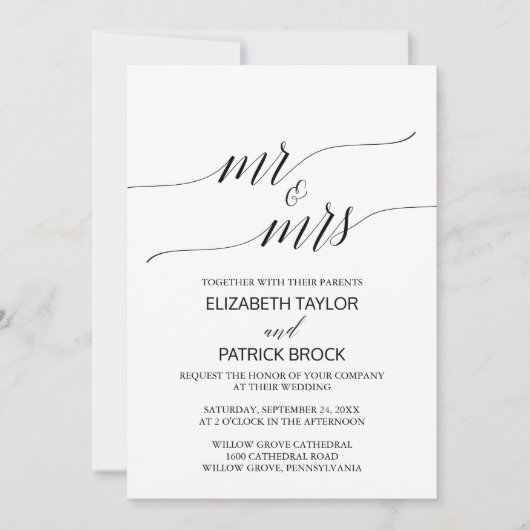 Invitation Élégante calligraphie | Floral "M. & Mme" Mariage (Devant)