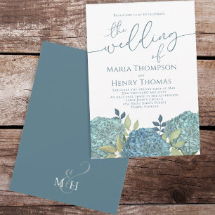 Invitation Élégante calligraphie florale bleu Hydrangea Folia