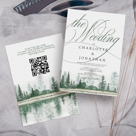 Invitation Élégante calligraphie Forêt rustique Code QR Maria