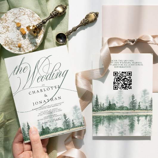 Invitation Élégante calligraphie Forêt rustique Code QR Maria