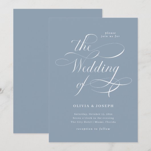 Invitation Élégante calligraphie | Mariage bleu Dusty (Devant / Derrière)