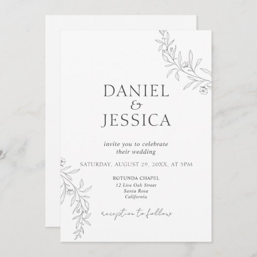 Invitation Élégante calligraphie Mariage de script floral (Devant / Derrière)