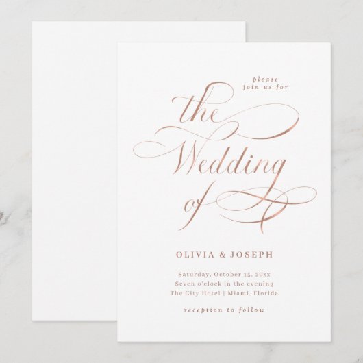 Invitation Élégante calligraphie | Mariage d'or Rose Faux (Devant / Derrière)