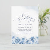 Invitation Élégante calligraphie mariage floral bleu poussiér (Debout devant)