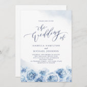 Invitation Élégante calligraphie mariage floral bleu poussiér (Devant / Derrière)