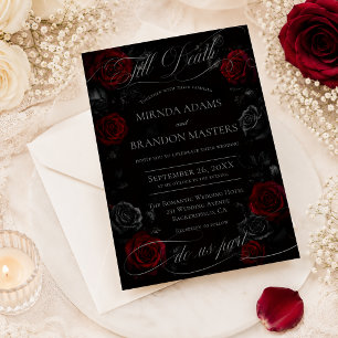 Invitation Élégante Calligraphie Mariage Floral Noir et Rouge