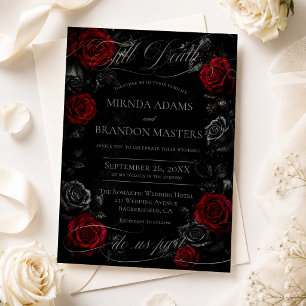 Invitation Élégante calligraphie mariage floral noir et rouge
