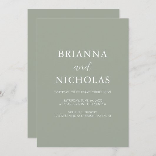 Invitation Élégante calligraphie moderne Sage Mariage vert (Devant / Derrière)