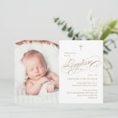 Invitation Élégante calligraphie Neutre Or Photo Baptême (Debout devant)