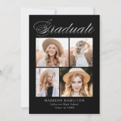 Invitation Élégante calligraphie Noir 4 Photo Graduation Part (Devant)